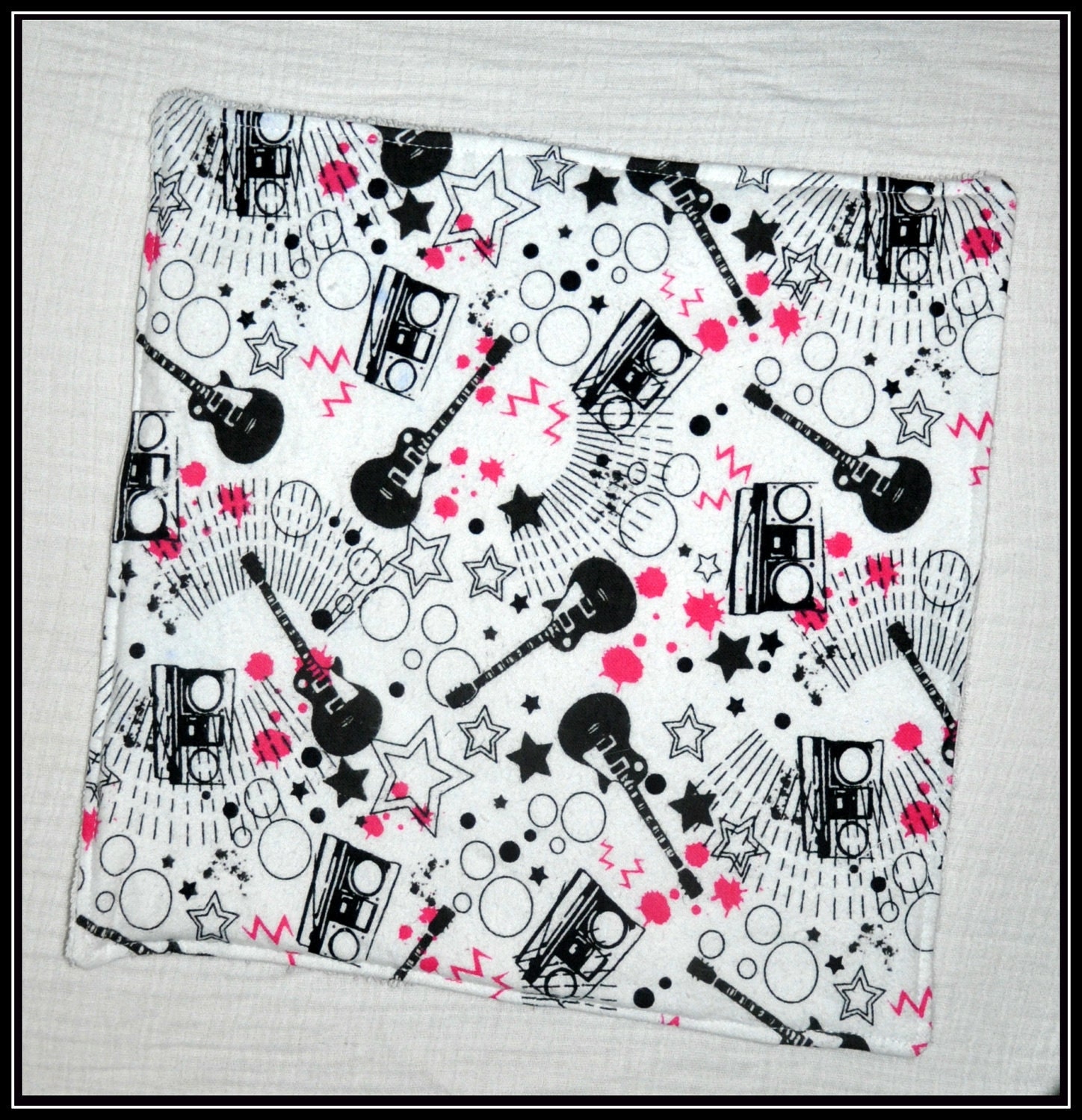 Burp Cloth -- Pink Paint, Guitar and Boombox Flannel  with White Terry Cloth -- Geek-a-bye Baby - Rock Geek - Handmade