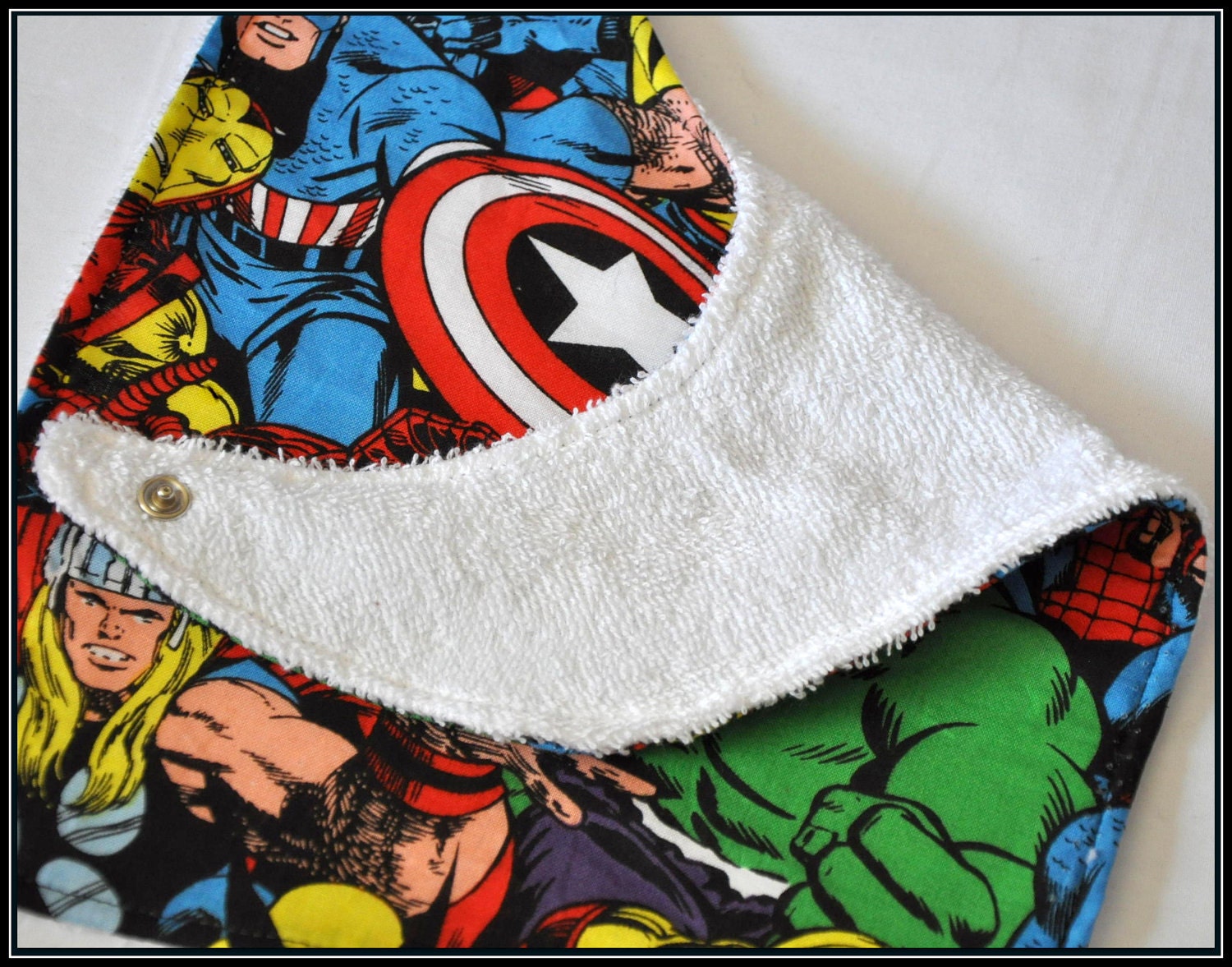 Avengers Cartoon Cotton Bib with White Terry Cloth - Geek-a-bye Baby -- Comic Geek - Handmade