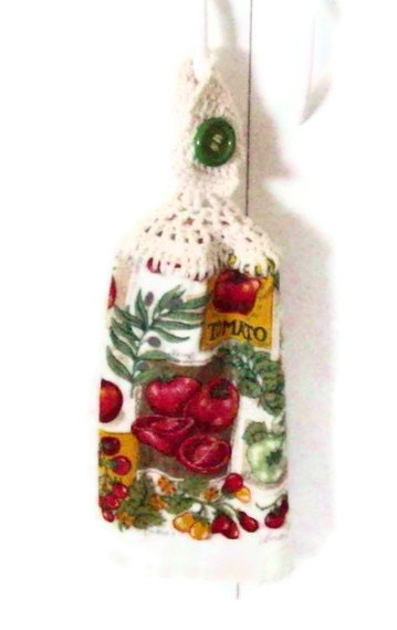 Tomato and Herb - Double Hanging Kitchen Towel - Reversible - Crochet Top