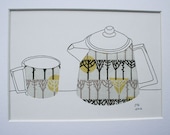 Retro teapot and cup drawing with fabric