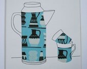 Seventies coffee pot and cups drawing with fabric