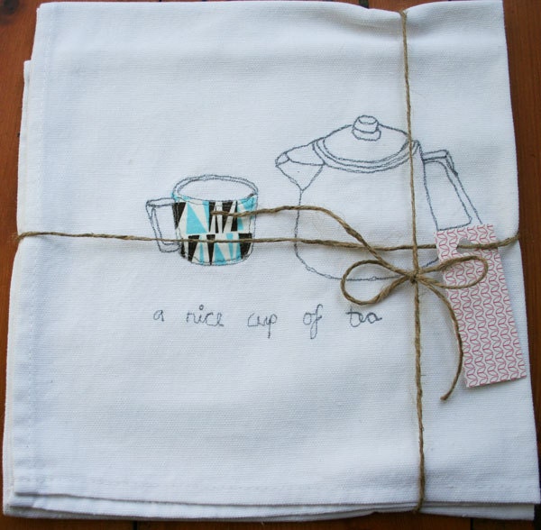 Machine embroidered retro teapot and cup cotton tea towel