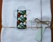 Machine embroidered seventies coffee pot and cups cotton tea towel