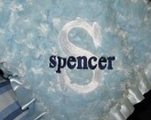 Monogrammed Swirly Fur and Satin Baby Blanket with Pleated Trim
