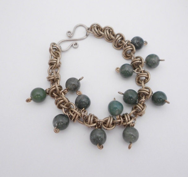 Chainmaille Bracelet, Barrel Weave with Natural Moss Agate and Nickel Silver