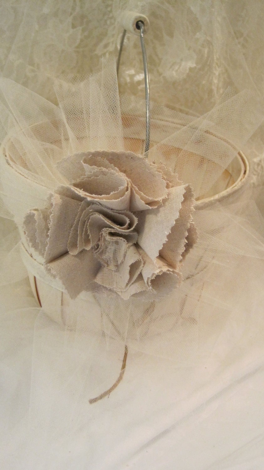 Flower Girl Basket-Shabby Chic Wooden Basket- Beautiful Linen Flower and Cream Tulle ribbon