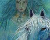 8 x 10 Original Fine Art Blue Equestrian Print called "Rhiannon", Horse and Lady Portrait, Home Decorations, Gift For Her, Modern Art