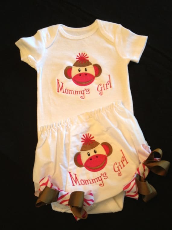 Monmys Girl Sock Monkey Onesie, Bloomers, Crochet Hat and Bow...Bodysuit Diaper Cover for BaBy Girl