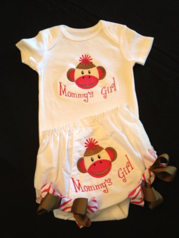 Monmys Girl Sock Monkey Onesie, Bloomers, Crochet Hat and Bow...Bodysuit Diaper Cover for BaBy Girl