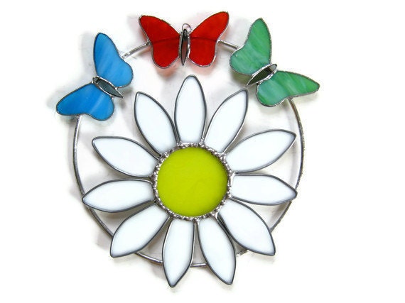 Stained glass suncatcher white daisy and butterflies