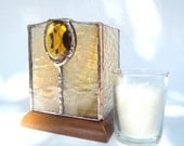 Votive candleholder amber stained glass wood base