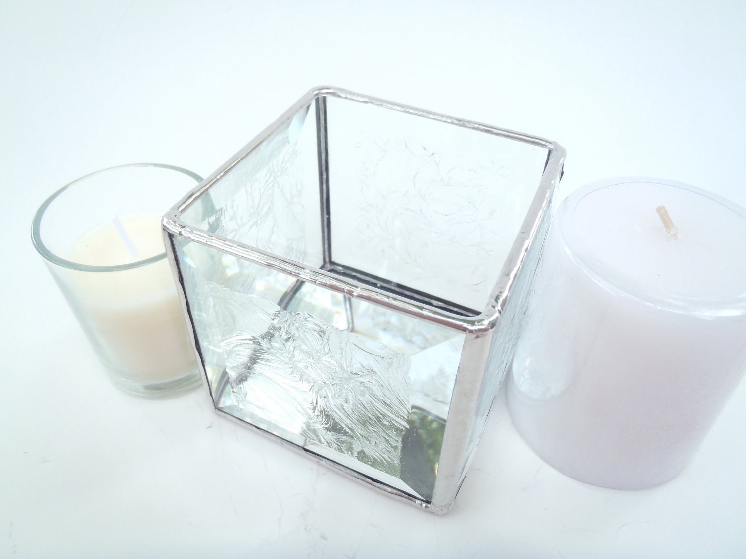 Stained glass candle holder, textured bevel handcrafted