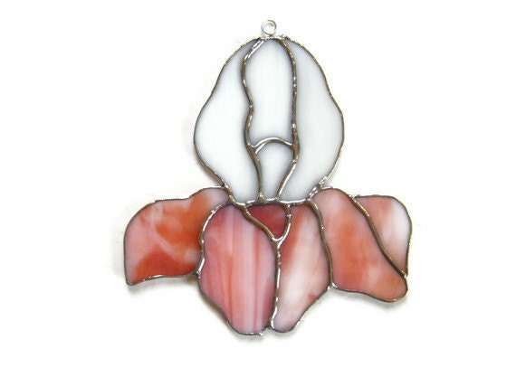 Stained Glass Iris Peach and White Handmade