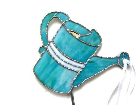 Stained glass garden stake teal watering can handmade