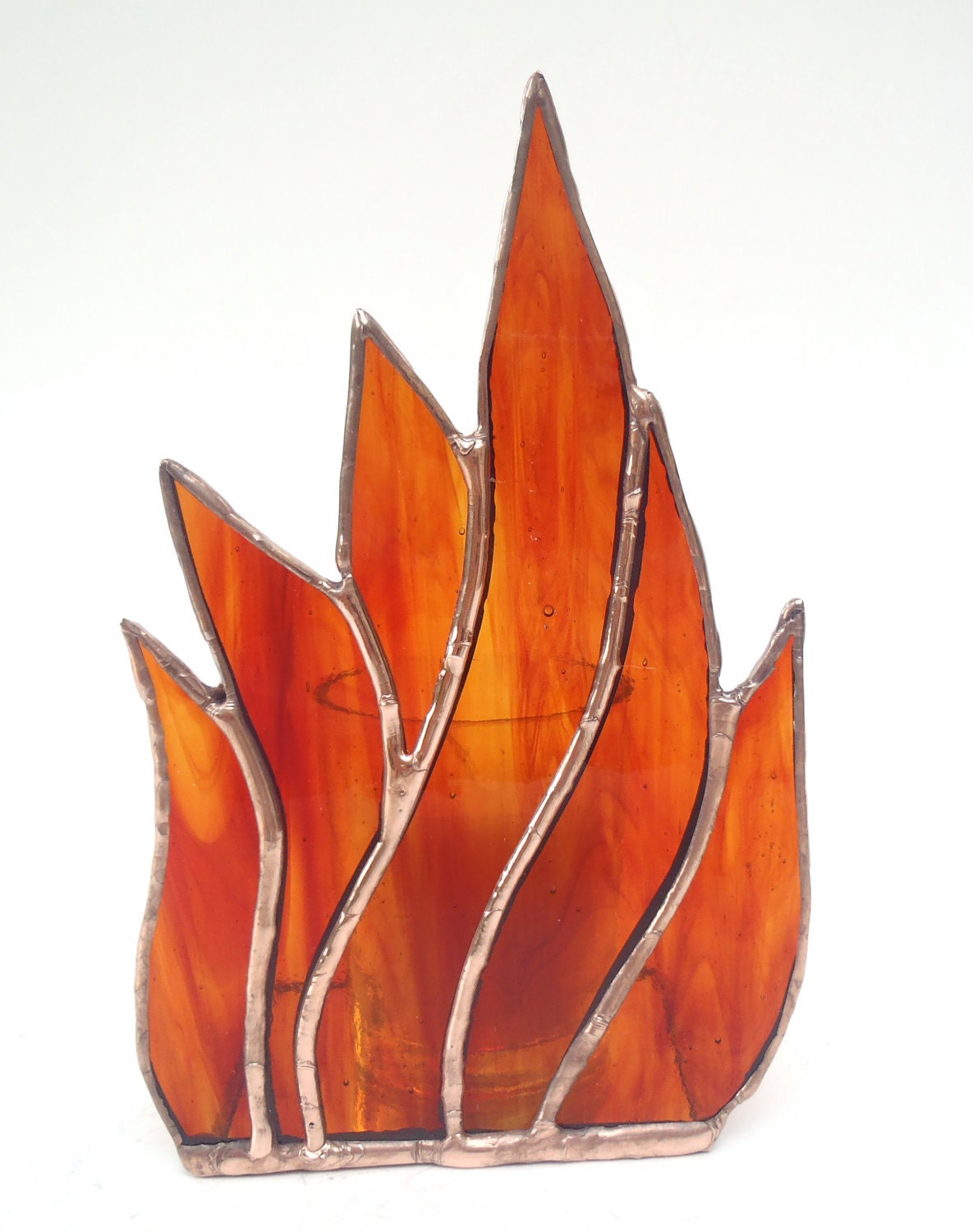 Stained Glass Candle Holder Orange and Red Handmade