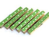Decorated Wooden Clothes Pegs/Pins, Green with White Polka Dots - Set of 6