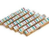 Decorated Wooden Clothes Pegs/Pins, Blue and Red Stripes - Set of 6