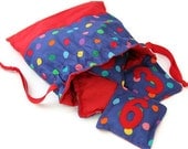 Numbered Bean Bags, Appliqued Numbers 1 - 10, Blue and Red with Polka Dots, Coordinating Drawstring Bag Included, Counting & Throwing