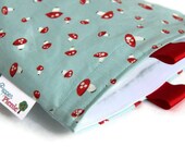 Reusable Sandwich Bag, Eco Friendly, Gusset Bottom and Finger Tabs, Teeny Mushrooms in Blue, Aqua and Red, Moda Fabric by Aneela Hoey
