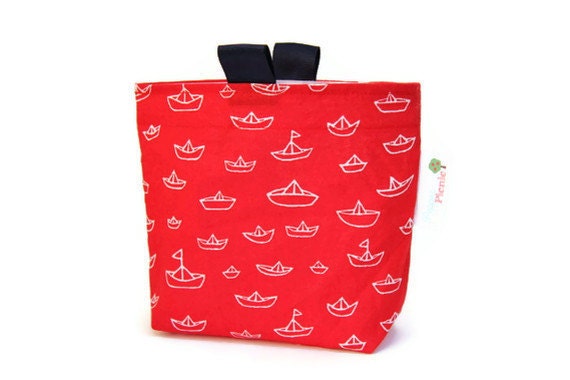 Reusable Snack Bag, Gusset, Eco Friendly, Nautical, Red with White Sailboats and Navy Blue Finger Tabs