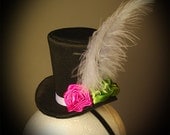 Burlesque, Gothic, Steampunk, Victorian, Showgirl, Mad Hatter, Black Mini Top Hat, Taffeta, headband head, pink rose, with feather