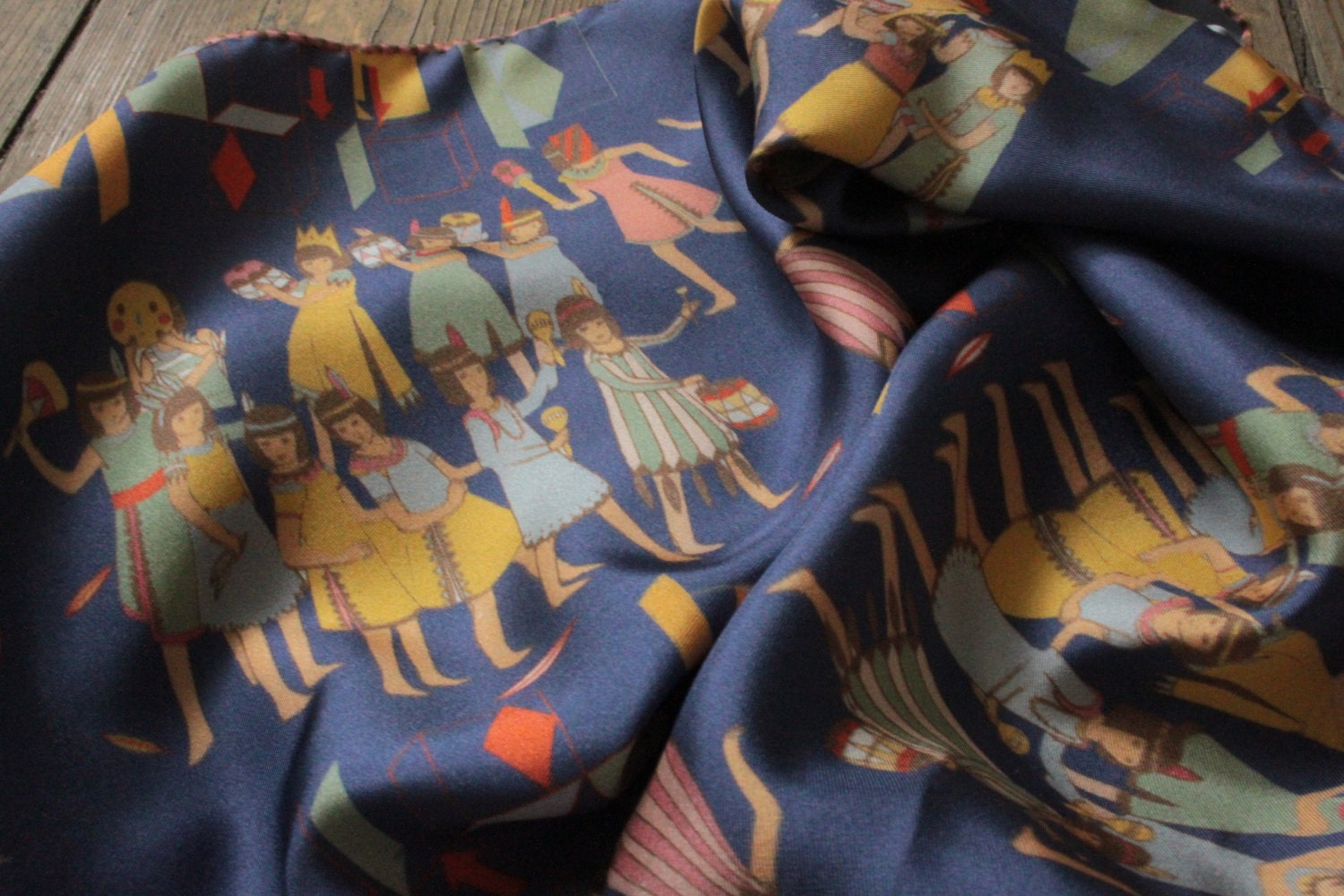 Navajo Folk 100% Printed Silk Scarf with People Pattern