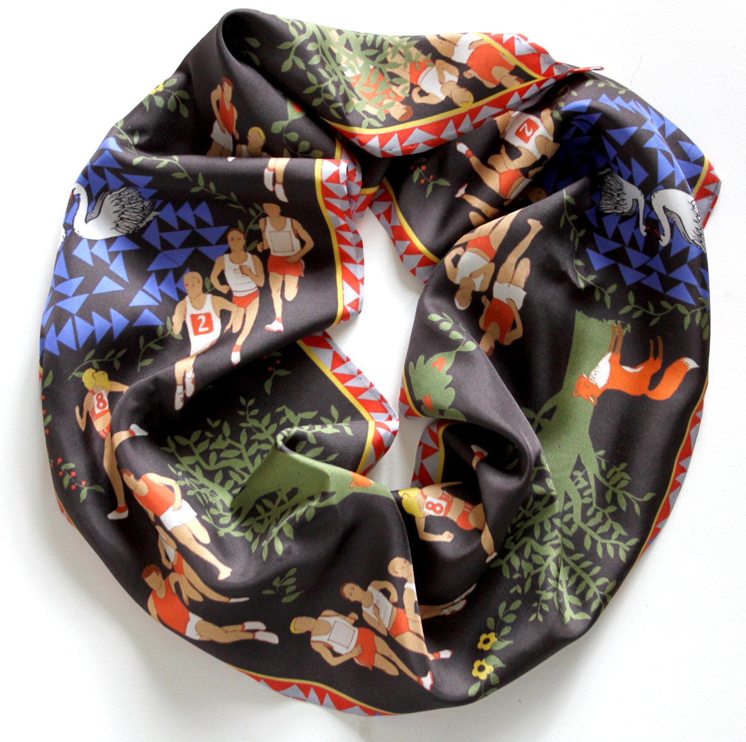 Long Distance Running Scarf - Forest scene with runner, swan and fox design Digitally Printed on 100% Silk Twill