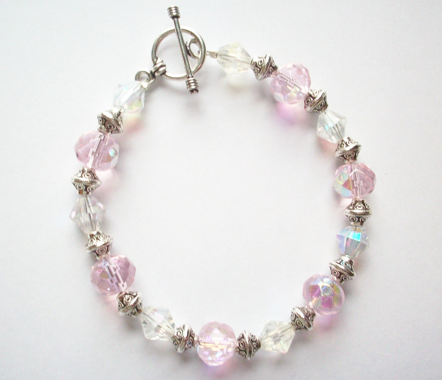 Pink and Clear AB (Aurora Borealis) Faceted Glass Bracelet with Silver Beads and Toggle Clasp