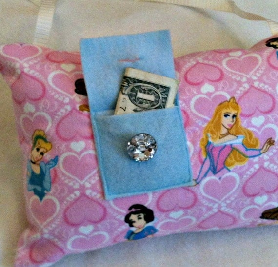 Princess Tooth Fairy Pillow on Flannel with Blue Pocket and Rhinestone Button with Cream  Door Hanger
