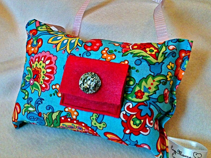 Floral Cotton Tooth Fairy Pillow with Rhinestone Button- Turquoise, Bright Pink, Bling Button- Option to Personalize