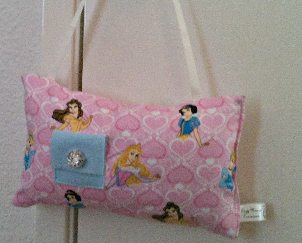 Princess Tooth Fairy Pillow on Flannel with Blue Pocket and Rhinestone Button with Cream  Door Hanger