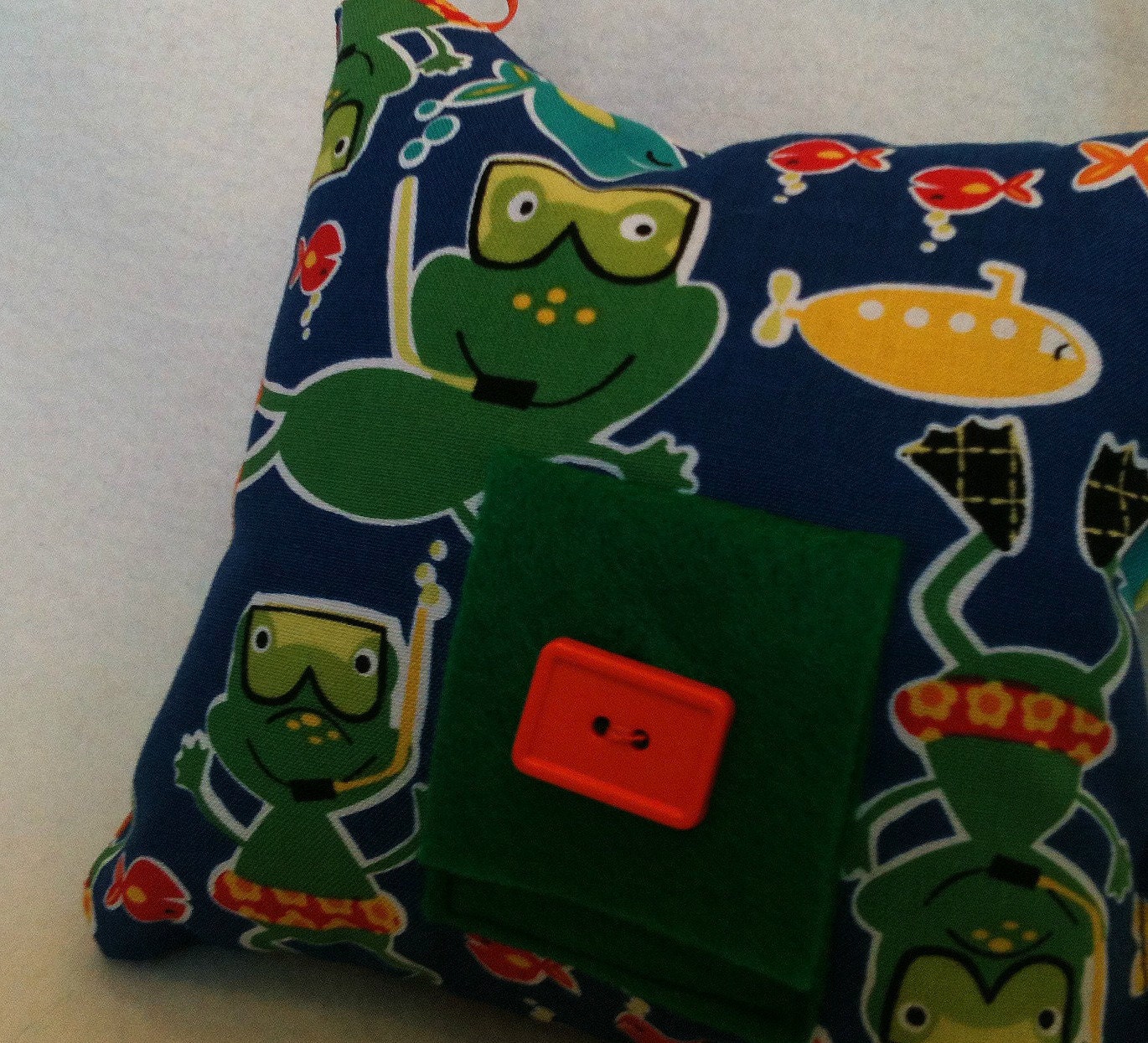 Frogs Tooth Fairy Pillow with Orange Pocket and Orange Button and Door Hanger