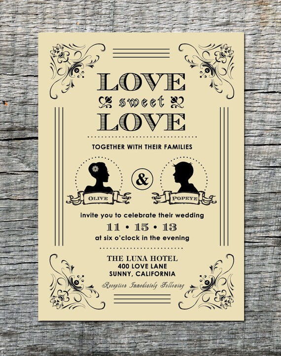 Vintage Wedding Invitation with Silhouette of Couple - Hand Drawn Graphics - DIY Printable
