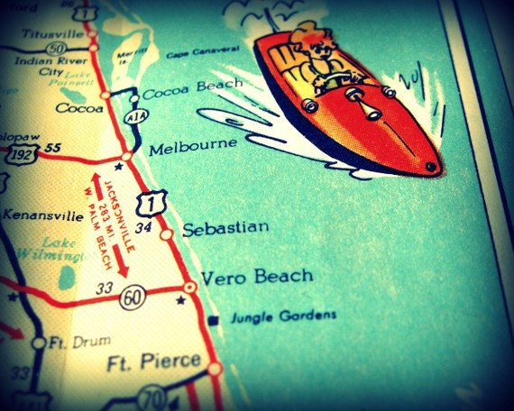 photography COCOA BEACH map art photo print retro Florida1960's vintage beach 8x10 Sebastian Vero Beach teal aqua retro red speedboat travel