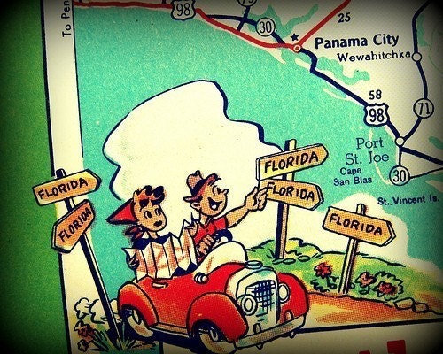 vintage map TOURISTS 11x14 Panama City Beach Florida art photo print decor Cape San Bias Port St Joe snowbird gift travel retro fun red aqua