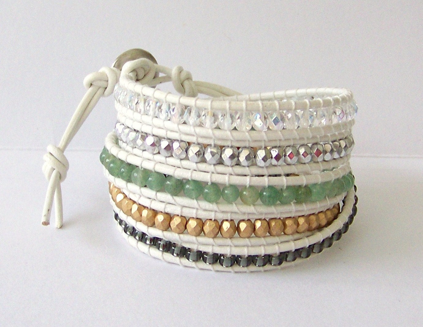 Chan Luu Inspired Leather Wrap Bracelet with semi-precious Stone and Crystal Beads on White Leather