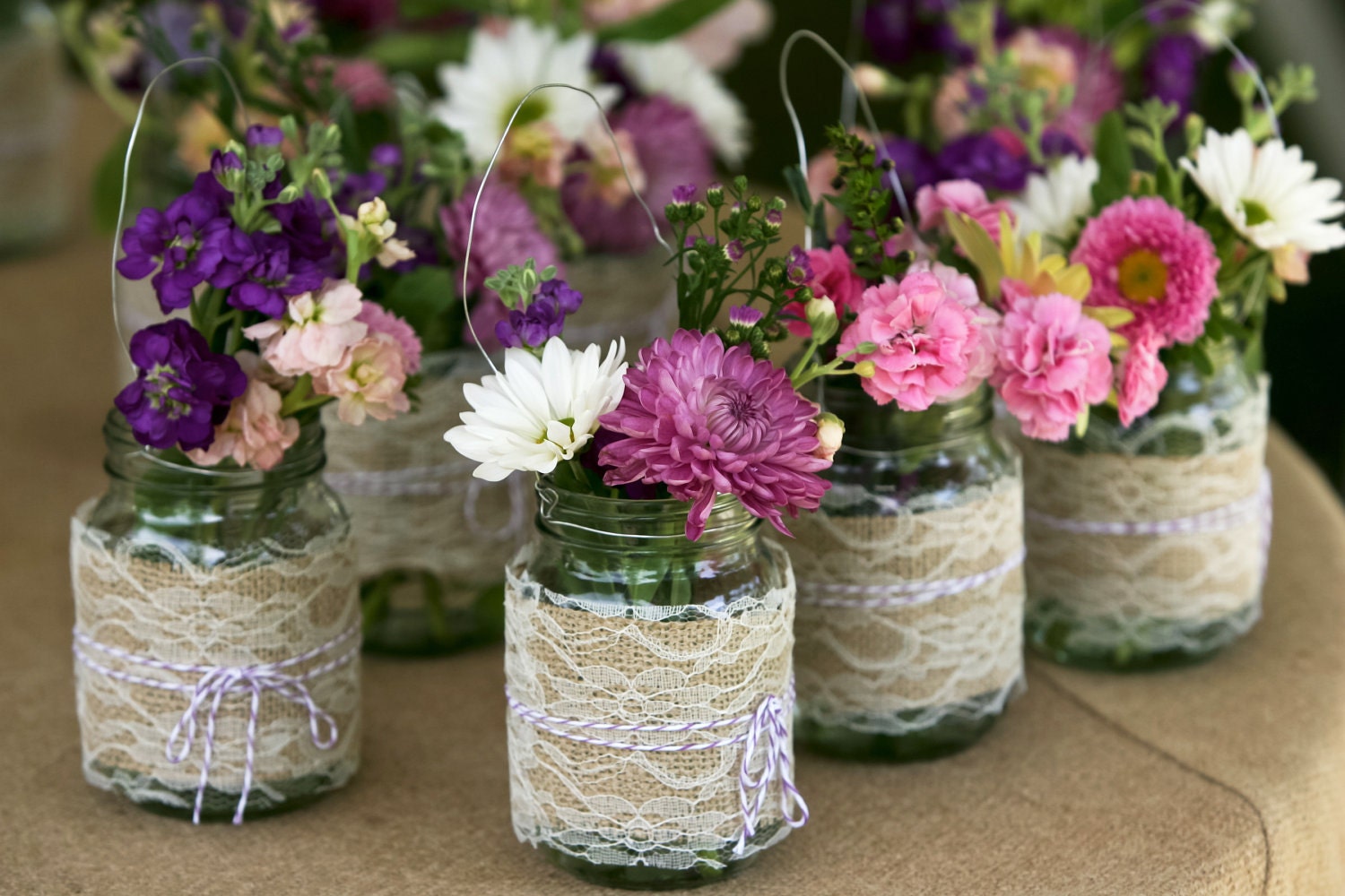 Burlap and Lace Hanging Mason Jar Wedding Decoration