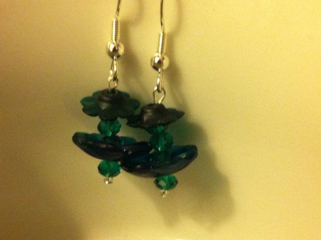 Buttercups and Daisies - lucite and Czech glass pierced earrings - emerald green and silver toned