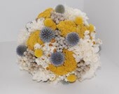 Preserved Wedding Bouquet - Craspedia, Hydrangeas, Silver Brunia, Thistles, Yarrow, Ammobium