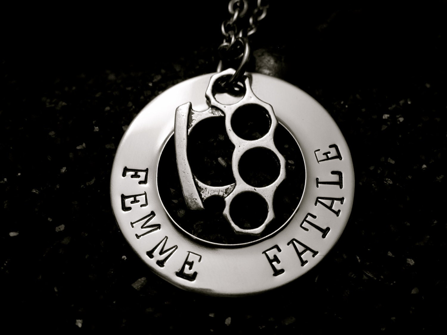 Brass Knuckles Femme Fatale Steel Hand Stamped Necklace