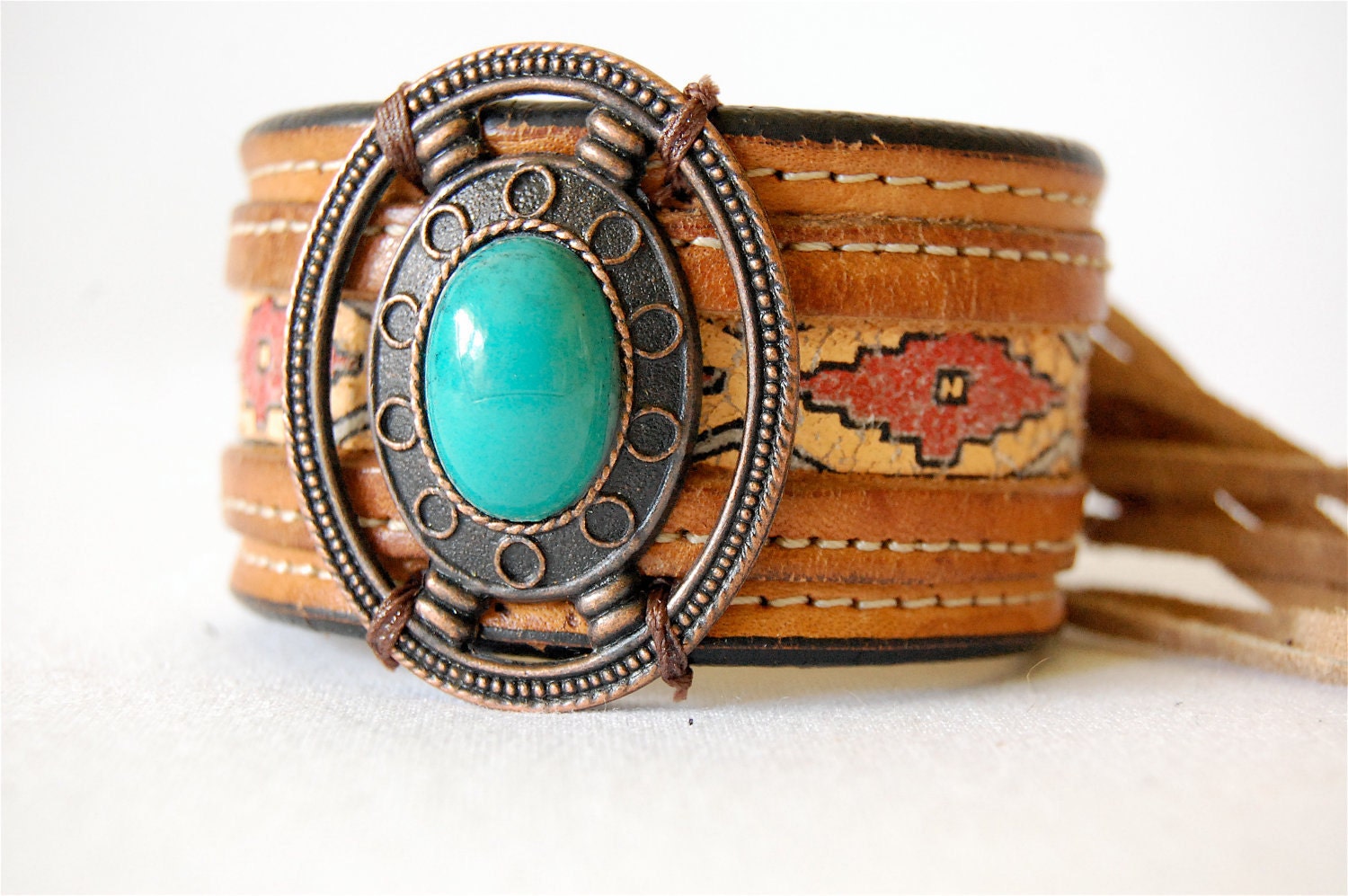 Reserved for Donna ONLY Tooled leather cuff Navajo print fringe turquoise western conch boho centerpiece