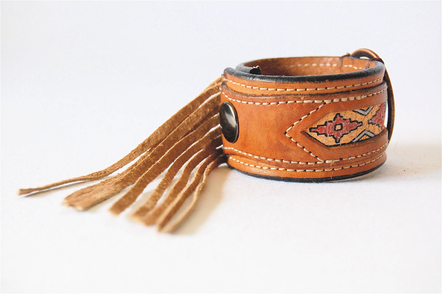 Reserved for Donna ONLY Tooled leather cuff Navajo print fringe turquoise western conch boho centerpiece