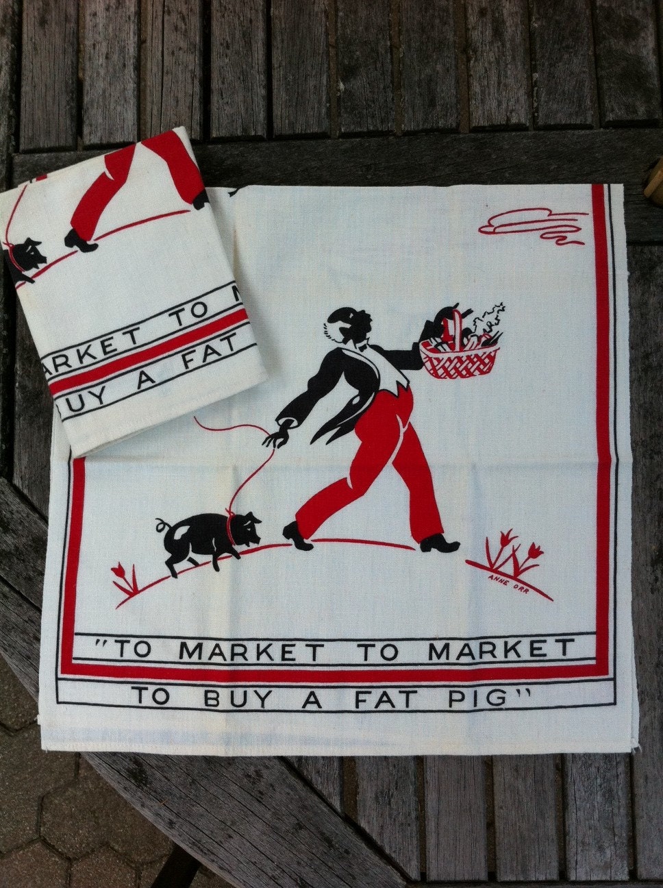 Black Americana Towel Pair "To Market, To Market..." Anne Orr