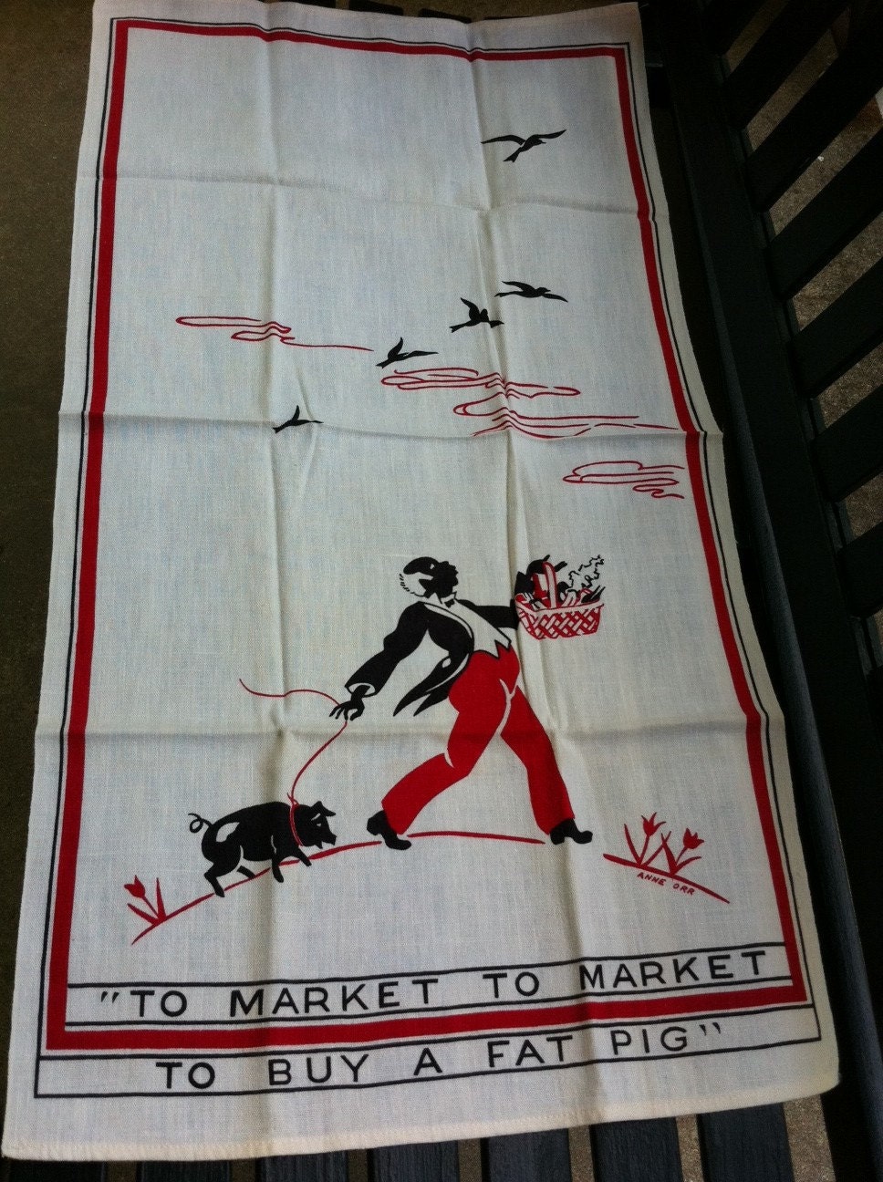 Black Americana Towel Pair "To Market, To Market..." Anne Orr