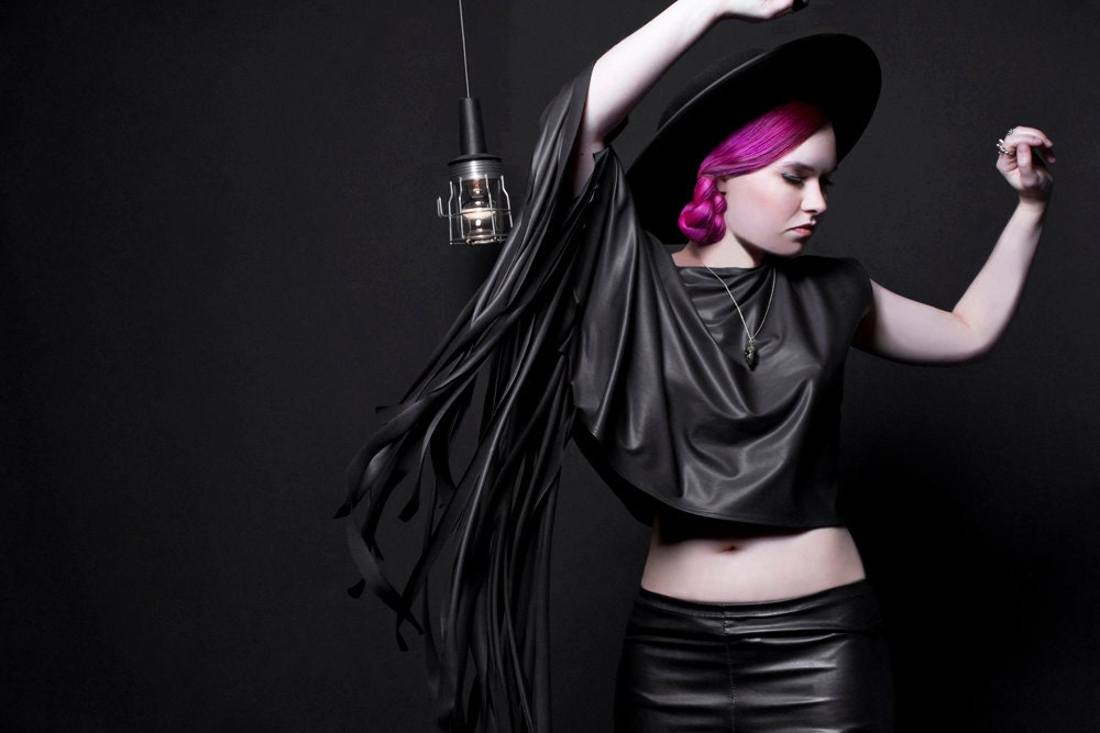 Black Lame Spandex T Shirt with Long Fringes