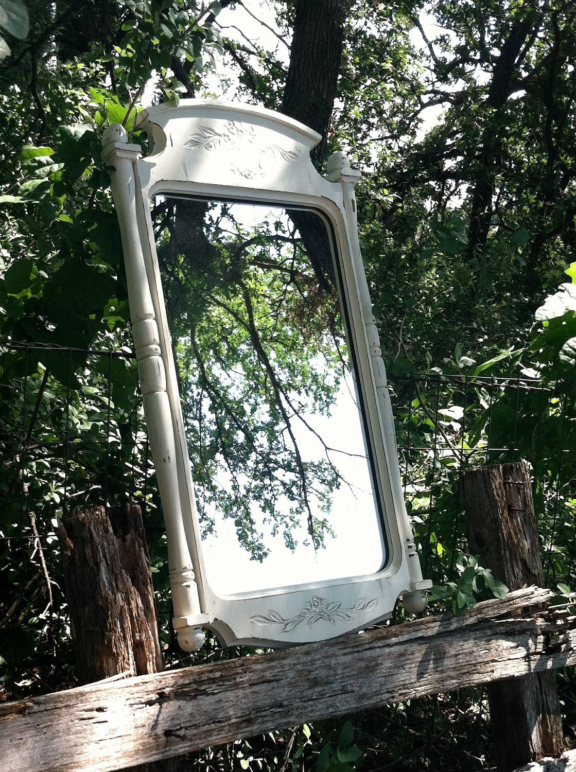 Beautiful Shabby White Framed Tall Mirror / Carved Flowers in a Basket