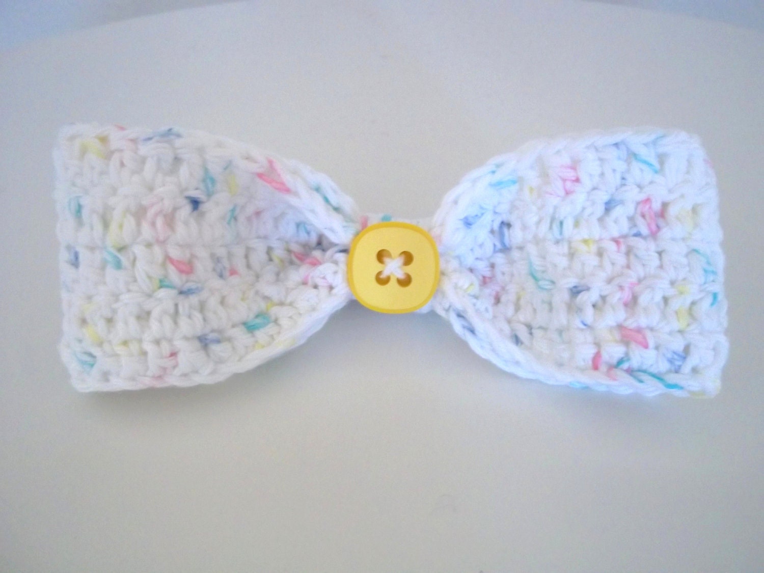 Summer Accessory - Extra Large White and Pastel Confetti Crocheted Hair Bow with Button Center