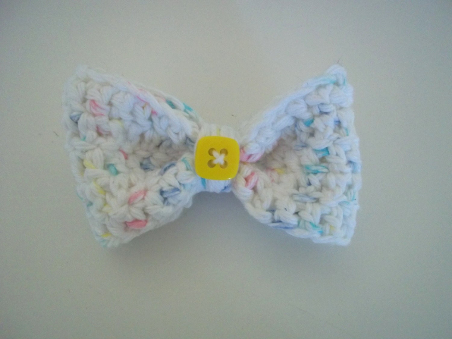Summer Accessory - Small White and Pastel Confetti Crocheted Hair Bow with Button Center