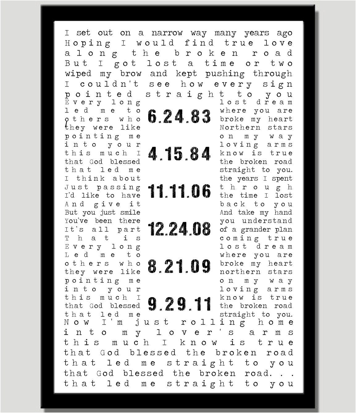 Special Song or Love Letter and Special Dates 11x17 Print - Beautiful Gift and Print for the Home :)