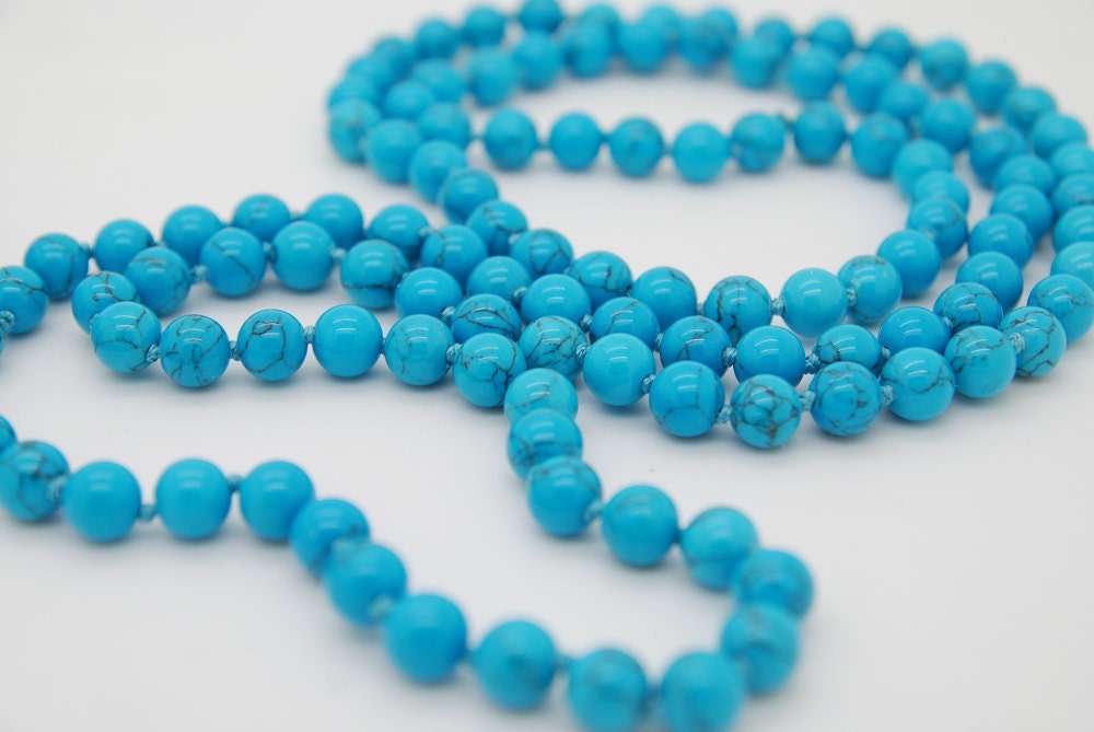 Handmade stone beads (stonework), necklace with pressed turquoise, length 108 cm, free shipping
